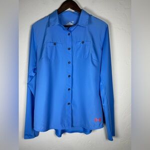 💙Under Armour Heat Gear Vibrant Blue Button Down with Orange Logo Size Large